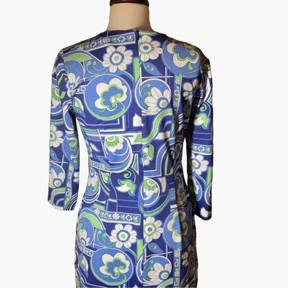 J. McLaughlin Blue Floral Dress Size Medium Stretchy Catalina Cloth Rear Zipper - Picture 7 of 9